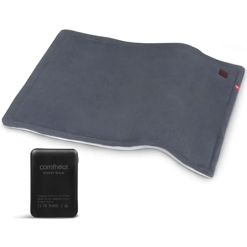 Comfheat portable heating pad with comfheat power bank on white background